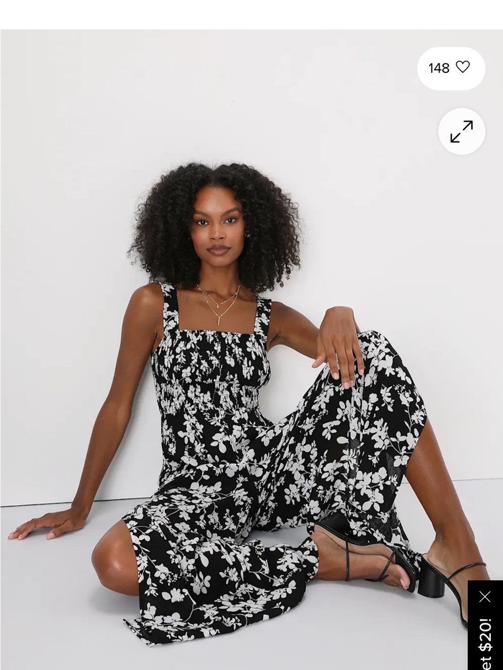 Lulu's Black & White Floral Smocked Jumpsuit